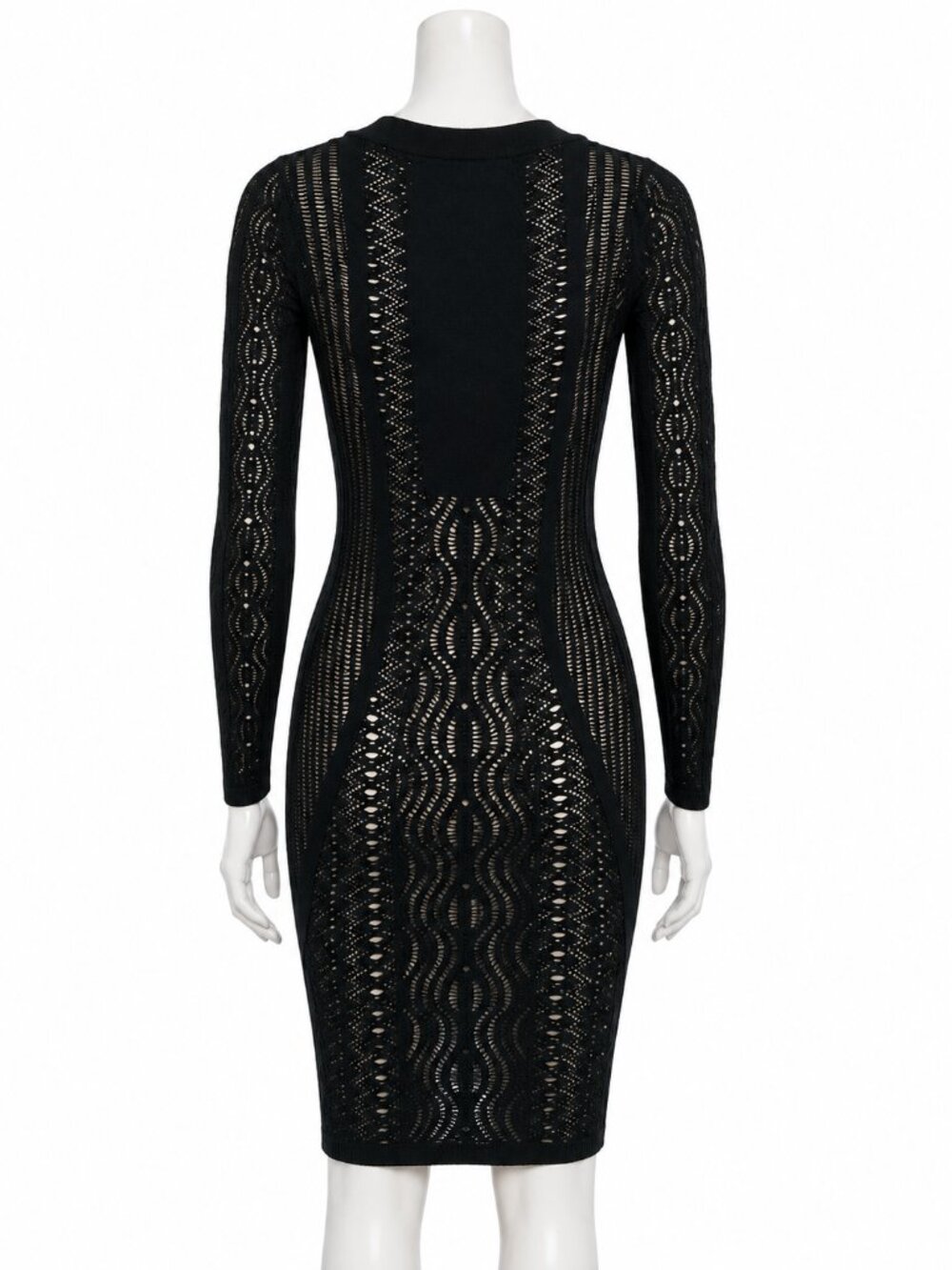 Bebe Black Open Knit Crochet Bodycon Dress M Nude Lined Y2K Sexy Knee Length - Picture 4 of 12